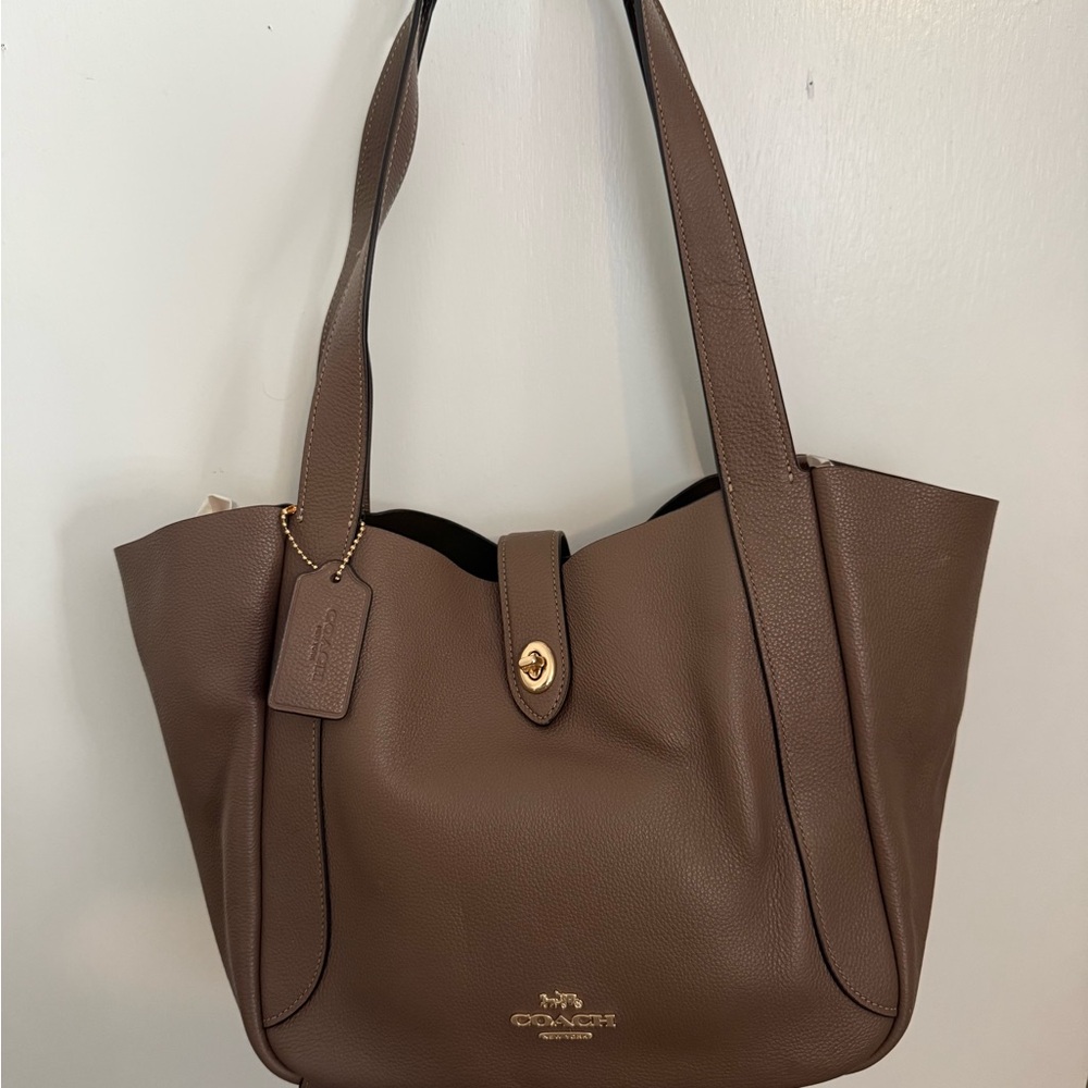 Coach Hadley Turnlock Leather Tote Bag- Dark Stone